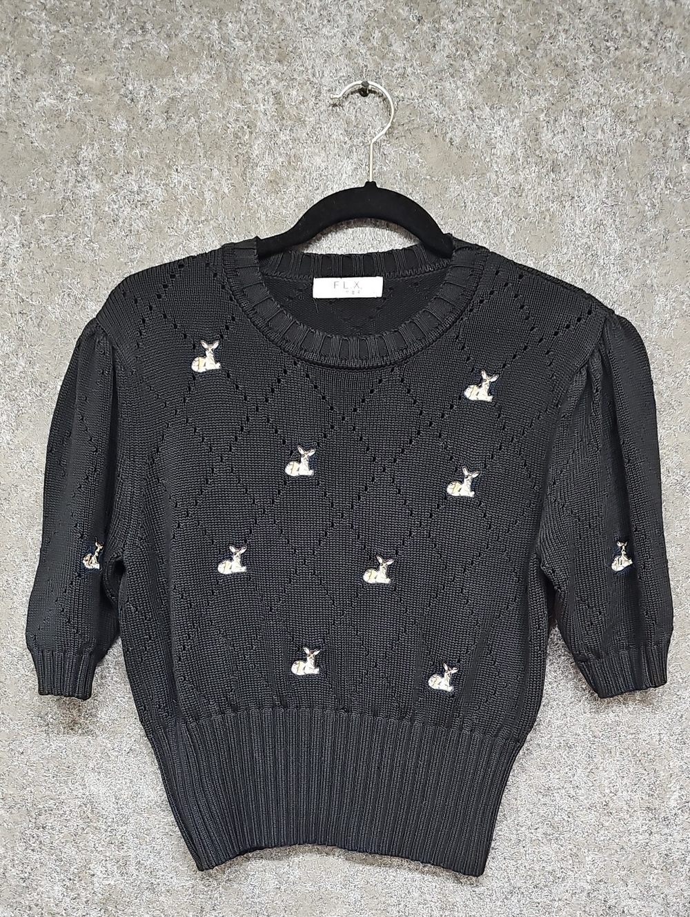 F.L.X.  Pointelle Embroidered Fawn Cropped Sweater, Black, Size Large